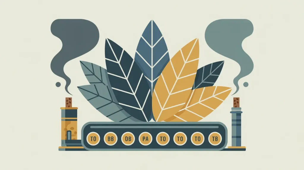 Illustration of tobacco leaves cigarette pack and production line with abstract smoke