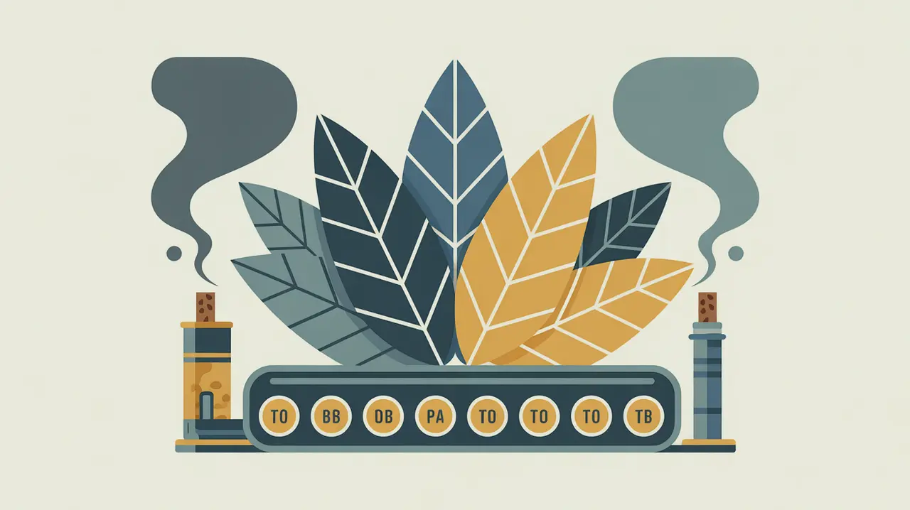 Illustration of tobacco leaves cigarette pack and production line with abstract smoke