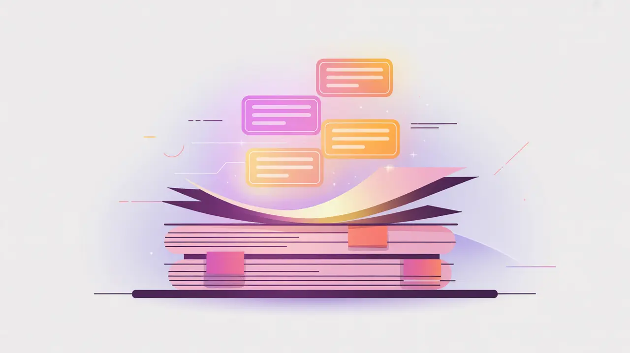 Stack of documents with glowing thematic tags symbolizing topic discovery