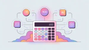 Cost calculator dashboard connected to AI system icons with pink and white colors