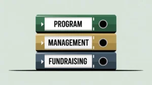 Stacked binders labeled program management and fundraising in clean vector style