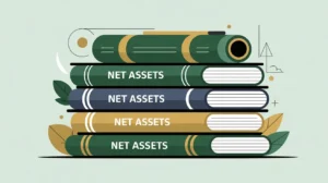 Stacked ledgers labeled net assets in deep green and gold vector style