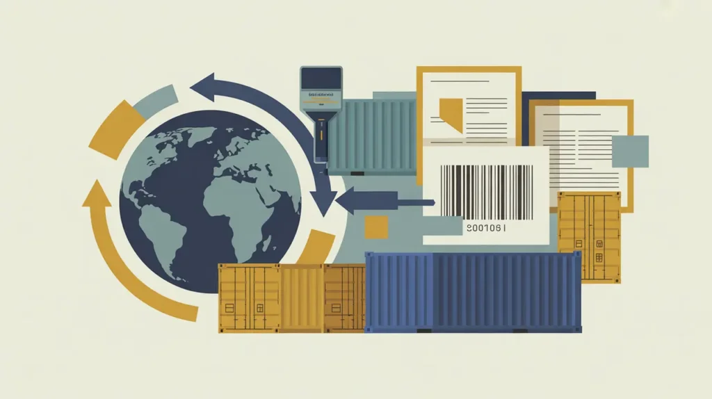 Illustration of shipping containers customs documents barcode scanner globe arrows
