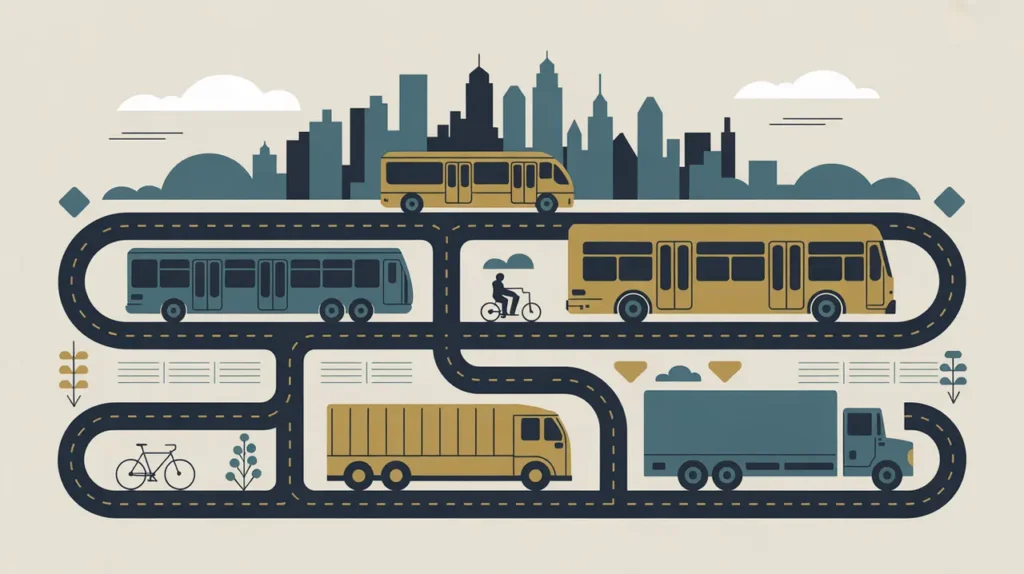 Illustration of bus, train, cargo truck, and bicycle on interconnected roads with city skyline