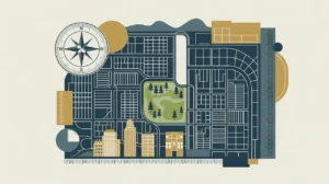 Modern city map with zoning grids, buildings, park, compass and ruler icons
