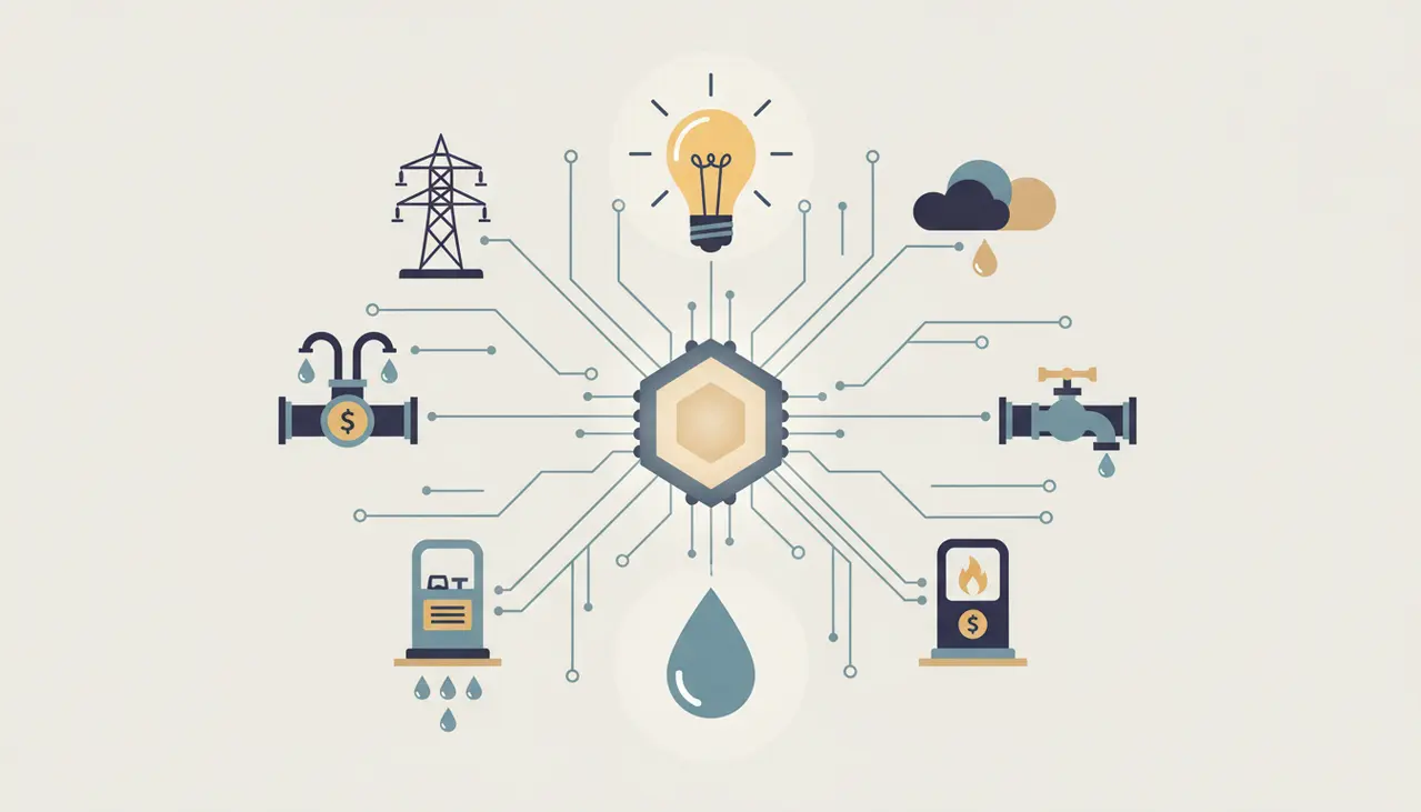 Illustration of utility icons connected to central hub with lightbulb and water droplet