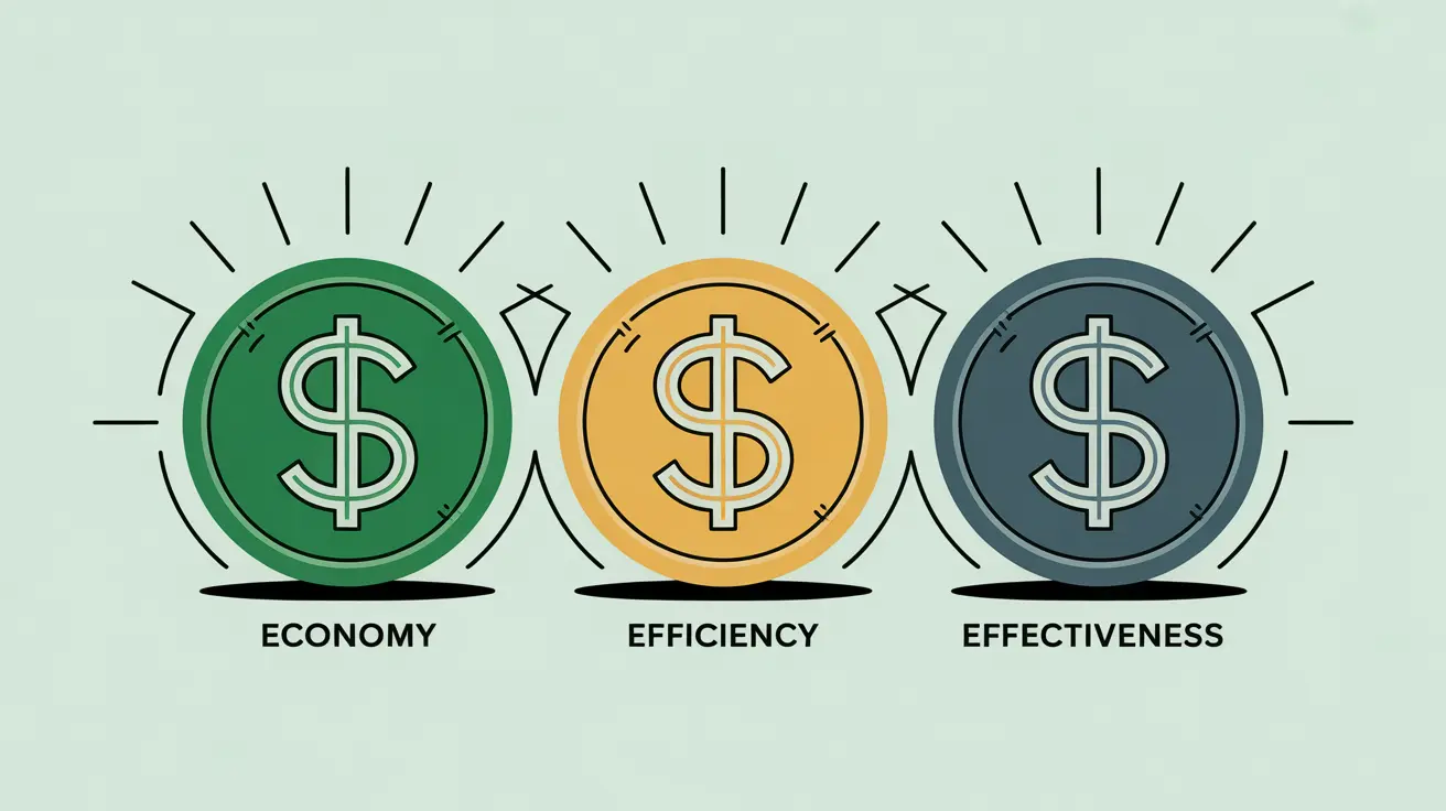 Three glowing coins labeled economy efficiency effectiveness in modern flat style