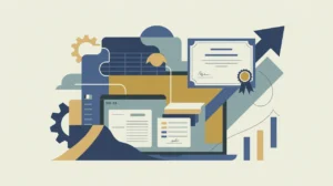 Illustration of vocational training tools laptop certificate and gears