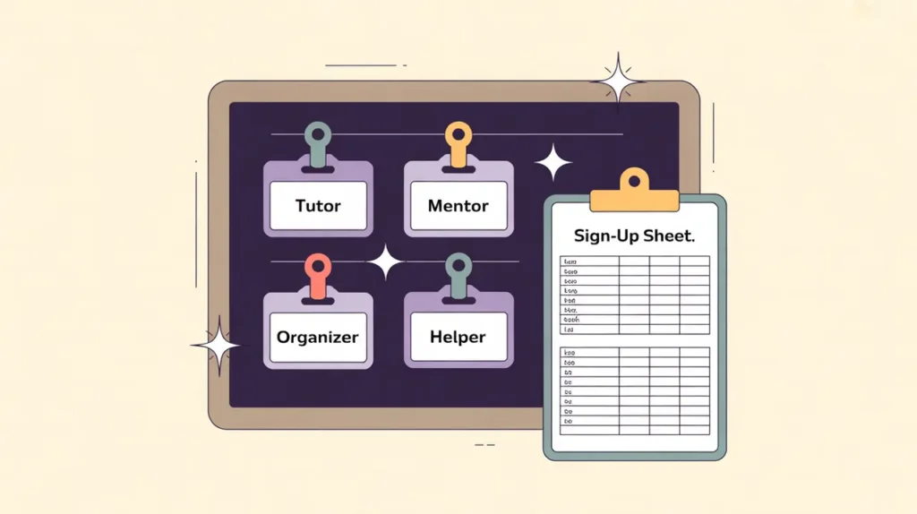 Illustration of volunteer badges and sign-up sheet on pinboard