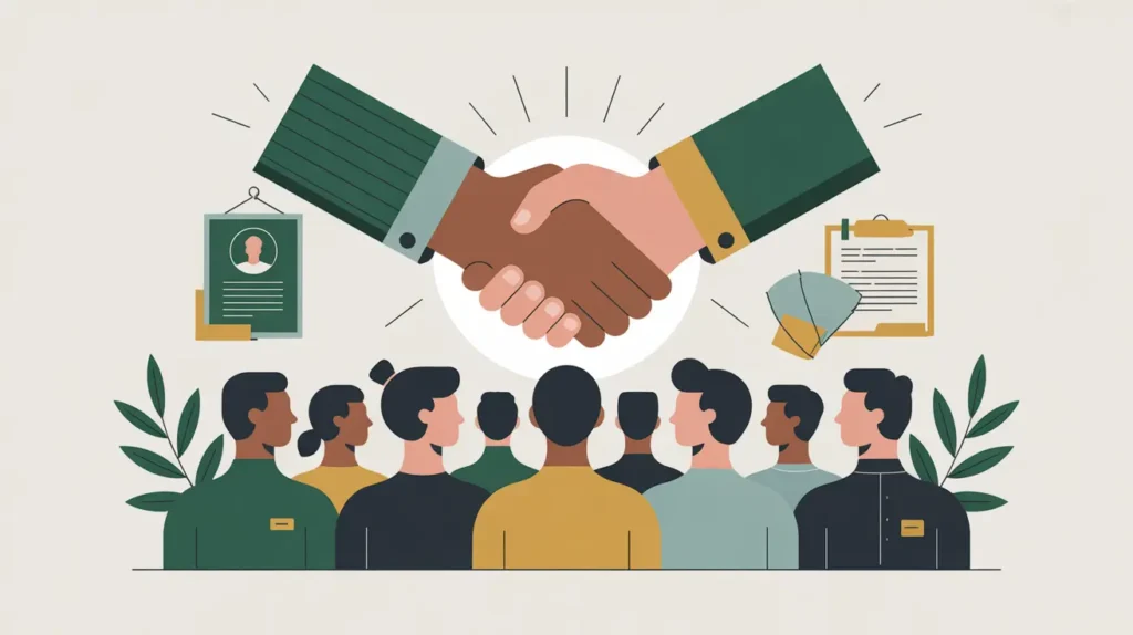 Illustration of volunteer silhouettes with recruitment poster and handshake icon