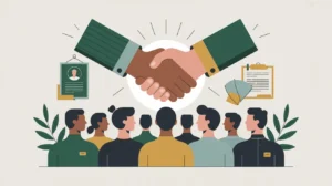 Illustration of volunteer silhouettes with recruitment poster and handshake icon