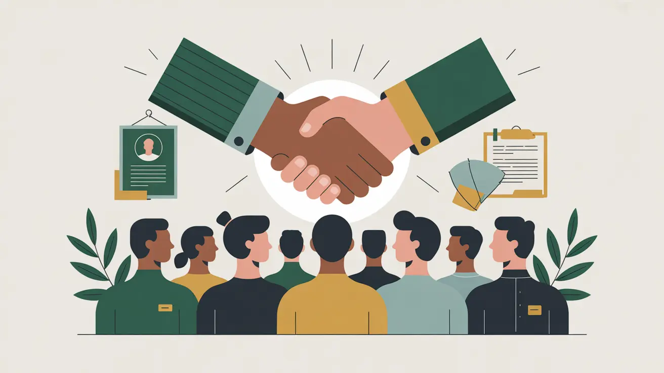 Illustration of volunteer silhouettes with recruitment poster and handshake icon