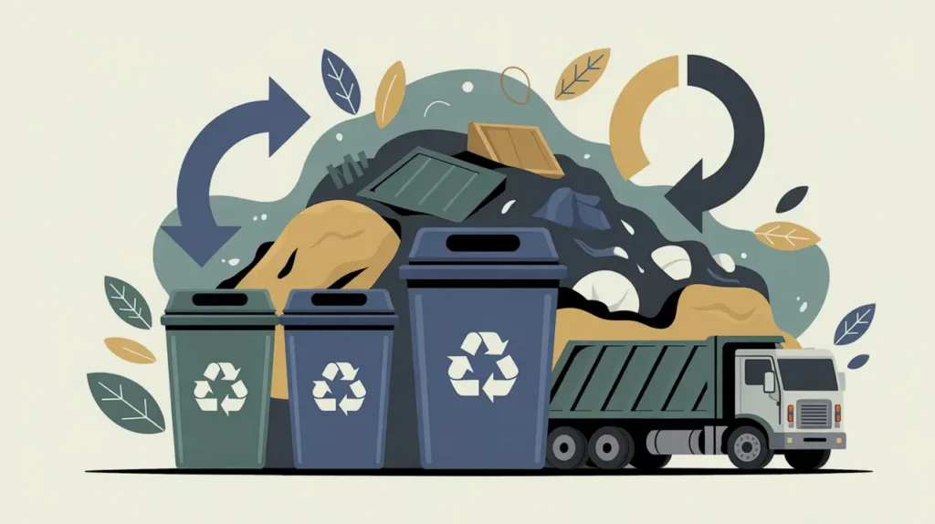 Illustration of recycling bins landfill and garbage truck with circular arrows and leaf icons