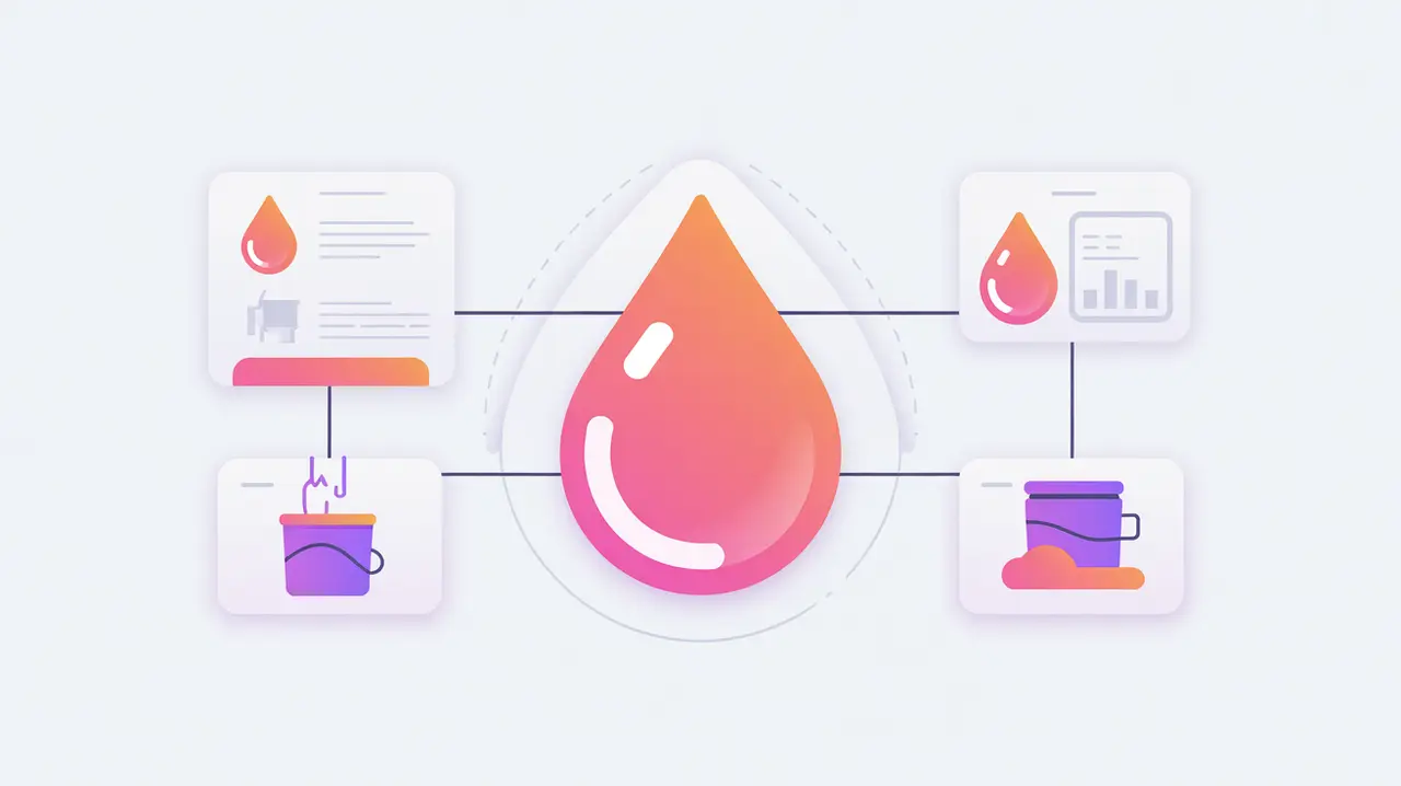 Water droplet connected to sanitation icons and dashboards in flat vector style