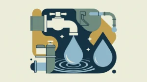 Illustration of water tap, sanitation facility, and water droplet with filtration icons