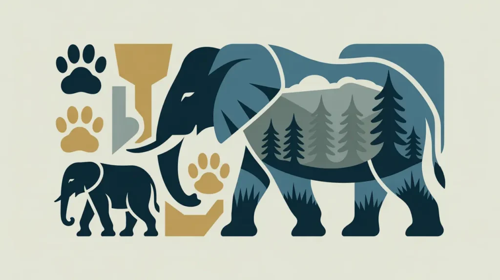 Geometric animal icons and forest silhouette with abstract paw prints