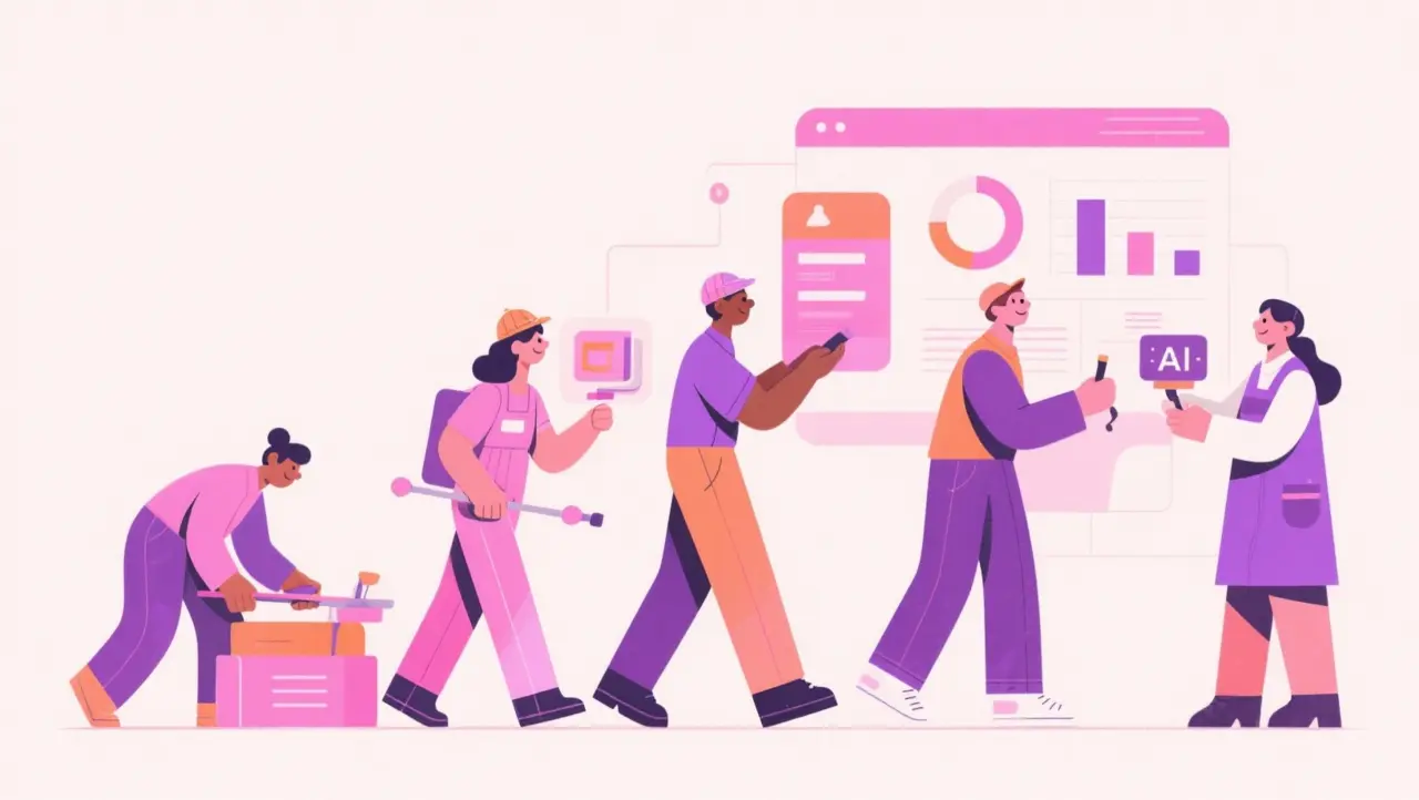 Workers transitioning from manual tasks to AI-assisted digital dashboards