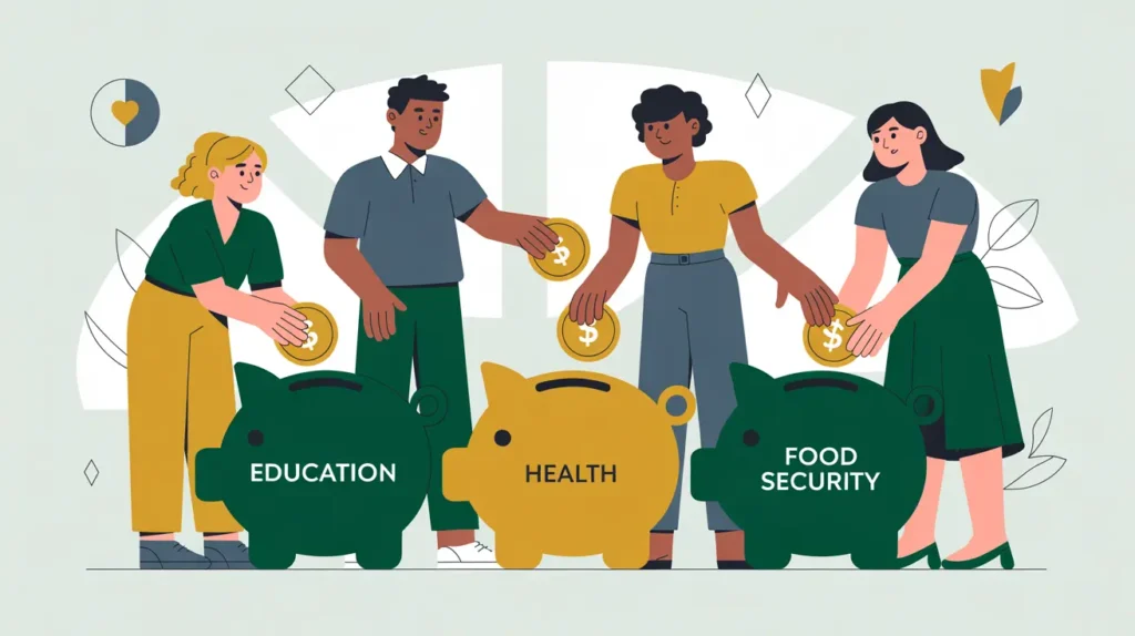 Diverse people placing money into piggybanks labeled education health food security