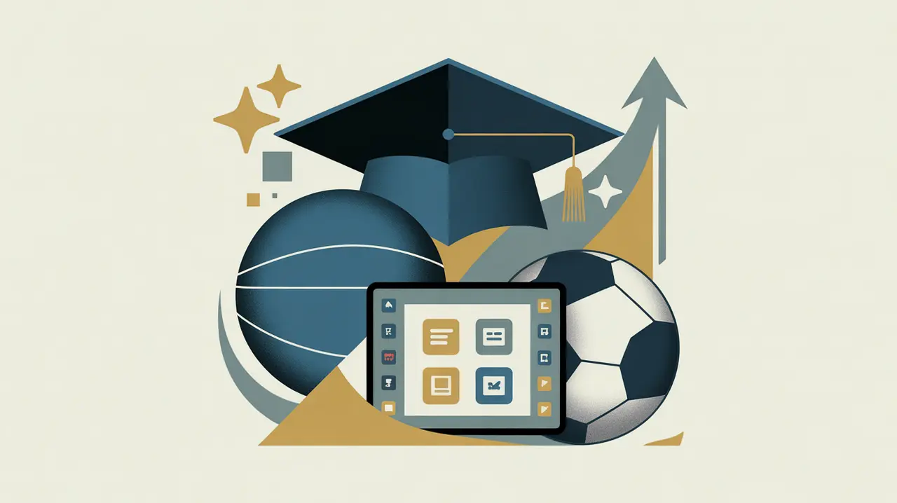 Illustration of graduation cap sports ball and digital tablet with learning apps