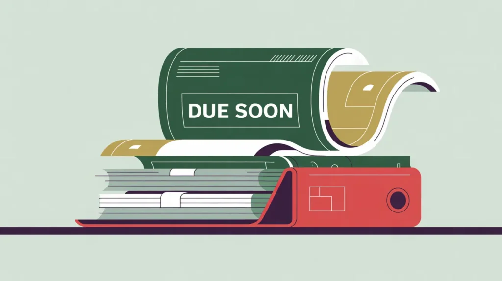 Stack of bills stamped due soon in a red folder on desk
