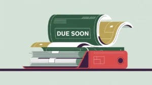 Stack of bills stamped due soon in a red folder on desk