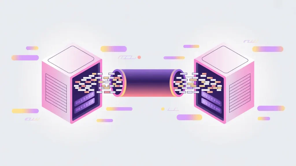 Two servers connected by lightning-fast pipeline icon representing gRPC communication