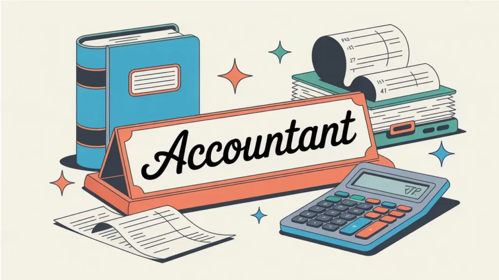 Desk nameplate reading accountant with ledger, calculator, scales, and receipts