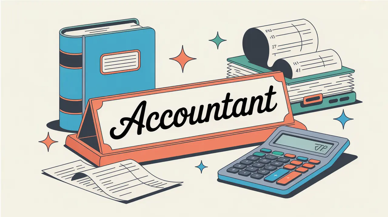 Desk nameplate reading accountant with ledger, calculator, scales, and receipts