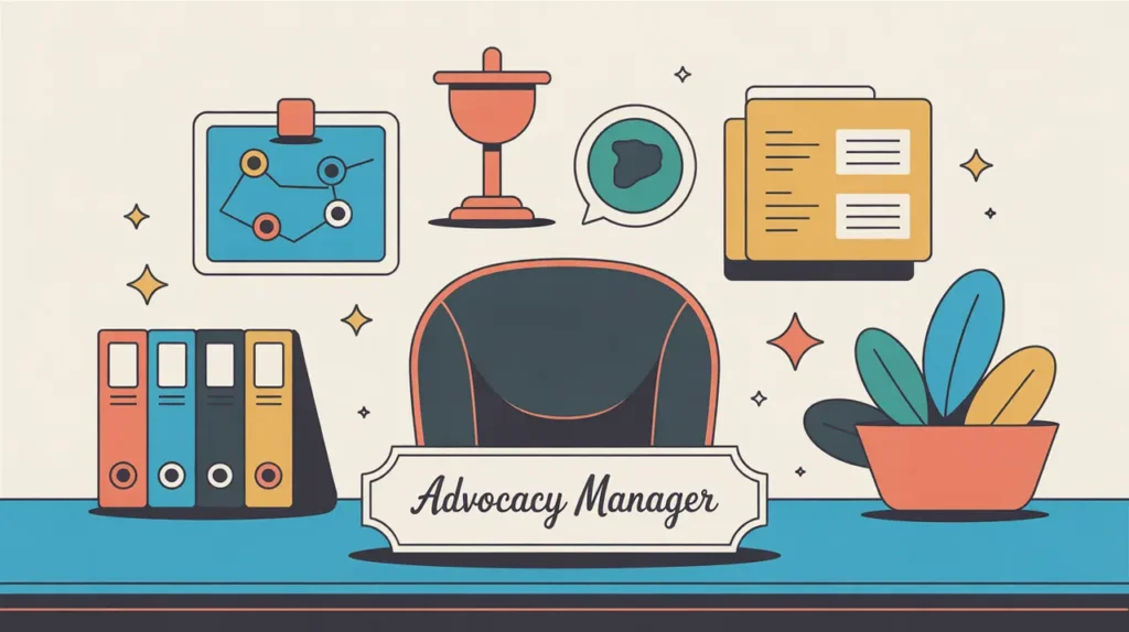 Desk nameplate reading advocacy manager with podium and communication icons