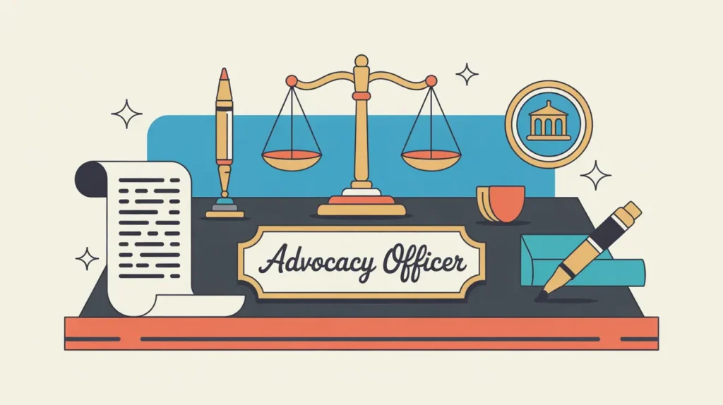 Desk nameplate reading advocacy officer with justice scale and policy scroll