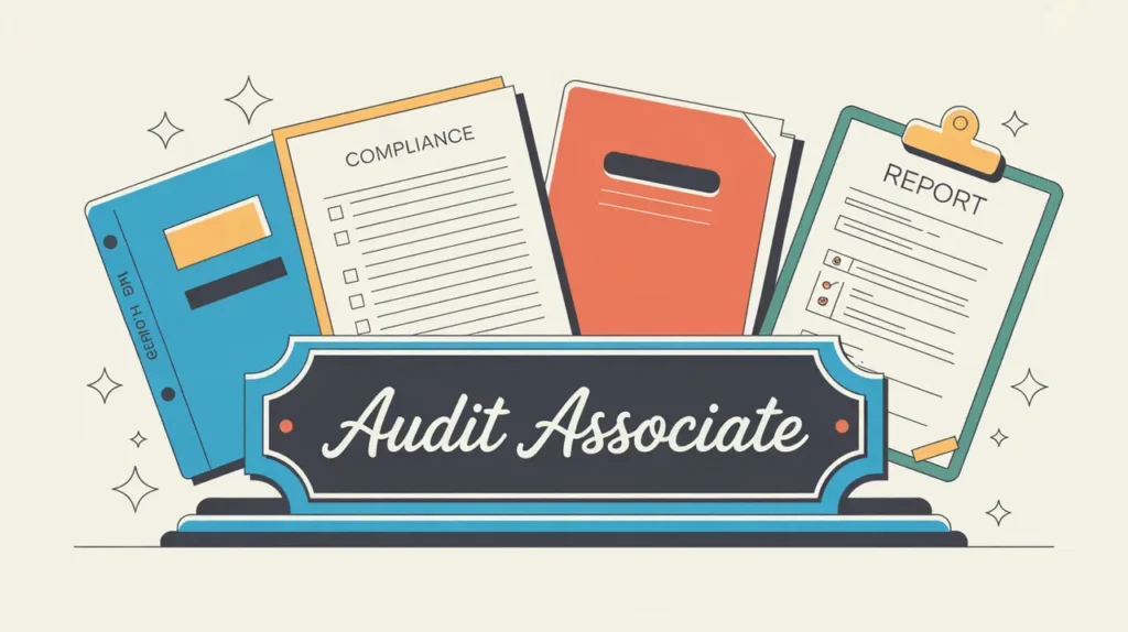 Desk nameplate reading audit associate with audit documents and magnifying glass