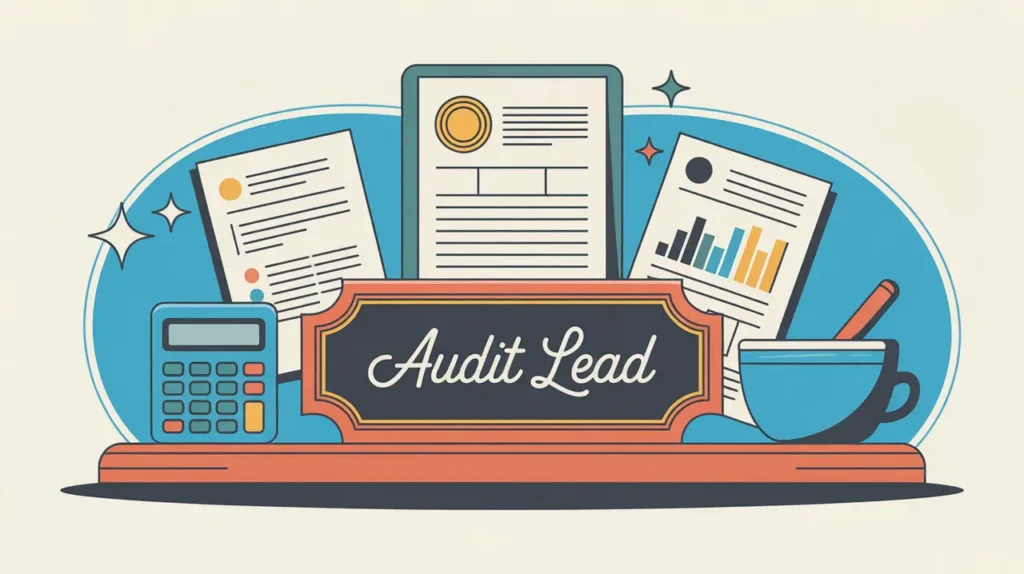 Illustration of audit lead desk with reports calculator and charts