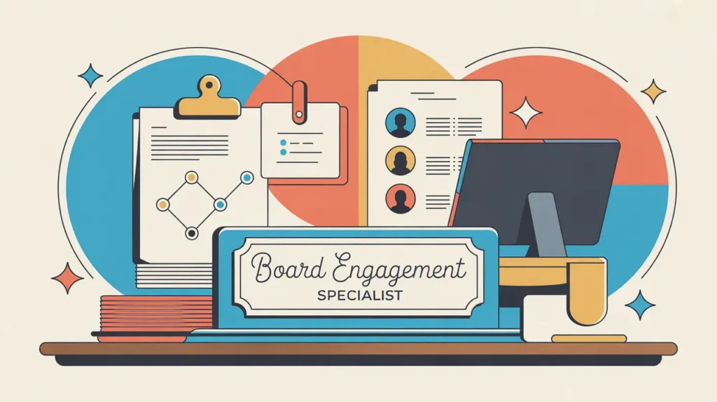 Desk nameplate reading board engagement specialist with meeting materials and collaboration icons