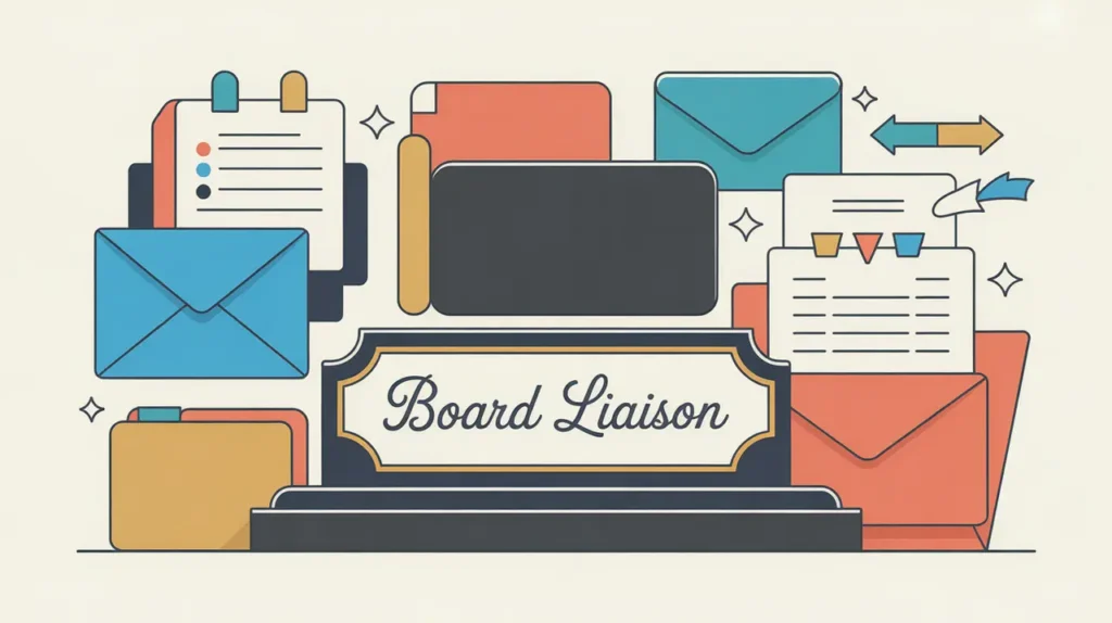 Desk nameplate reading board liaison with correspondence and meeting notes