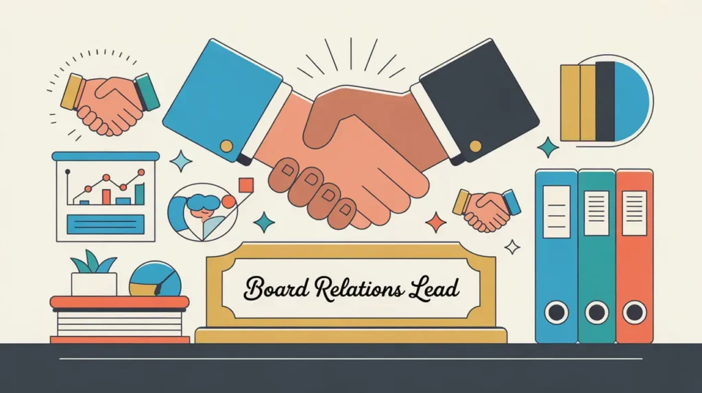 Illustration of board relations lead desk with governance icons and handshake