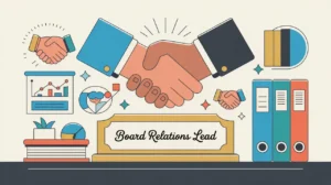 Illustration of board relations lead desk with governance icons and handshake