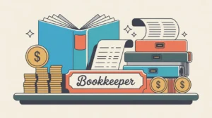 Desk nameplate reading bookkeeper with accounting books and receipts