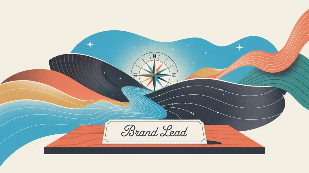 Illustration of brand lead desk nameplate with marketing symbols