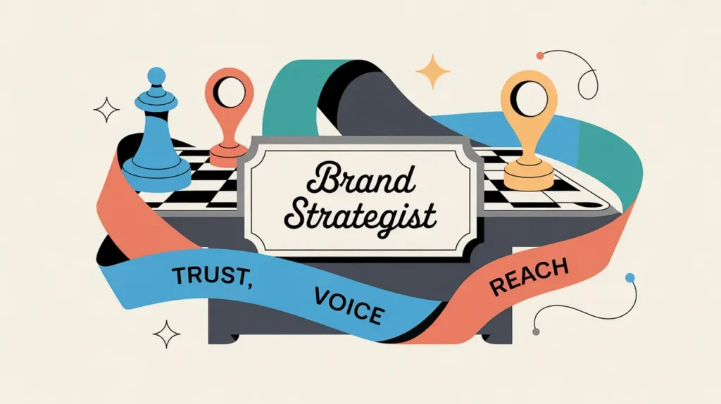 Illustration of brand strategist desk with chessboard and creative planning elements