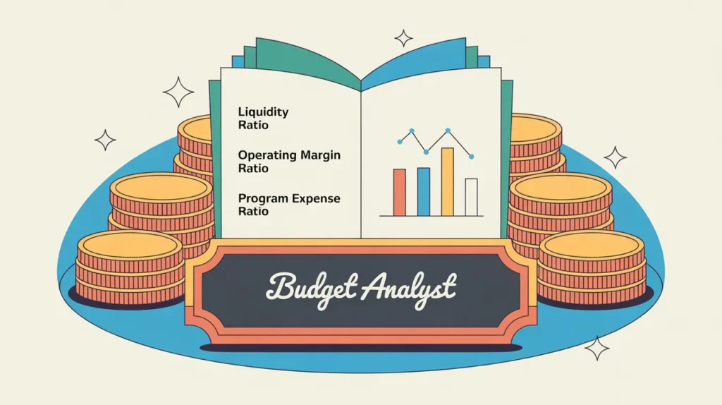 Illustration of budget analyst desk nameplate with city spending map and data nodes