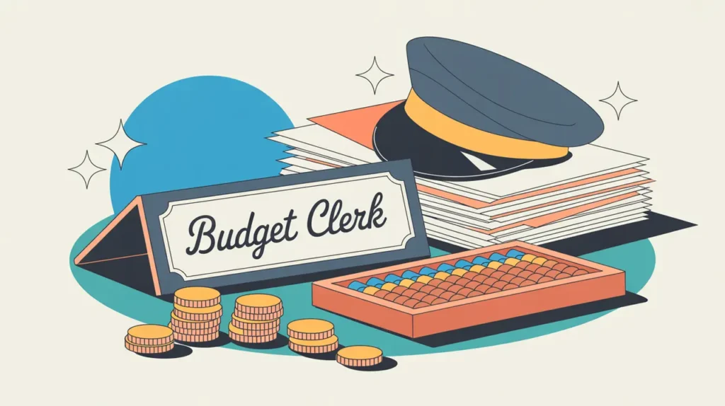 Illustration of budget clerk desk with nameplate and organized financial documents