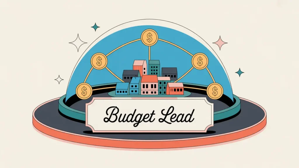 Illustration of budget lead desk nameplate with community and funding lines