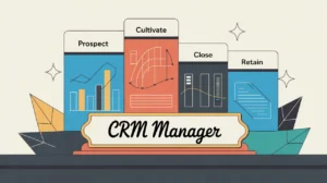 Illustration of CRM manager desk with engagement dashboard and data graphs