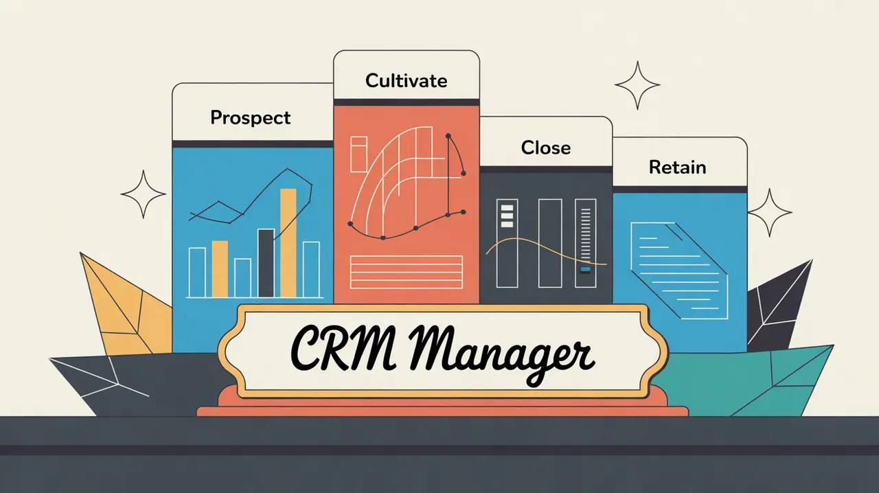 Illustration of CRM manager desk with engagement dashboard and data graphs