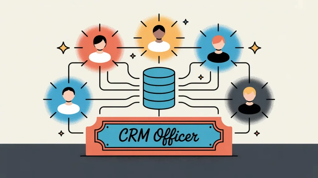 Illustration of CRM officer desk nameplate with network icons and central database