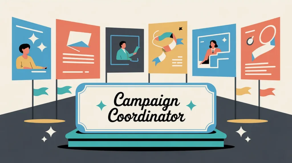 Illustration of campaign coordinator desk nameplate with rally posters and message icons