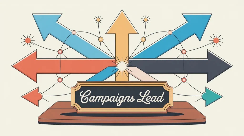 Illustration of campaigns lead desk nameplate with interconnected outreach points