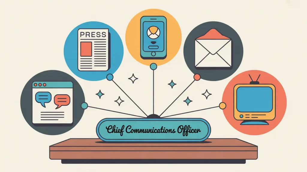 Illustration of chief communications officer desk nameplate with connected communication icons