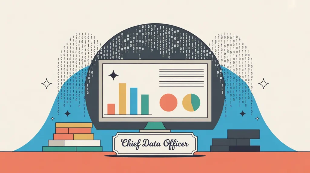 Desk nameplate chief data officer with computer showing data visualizations and binary code