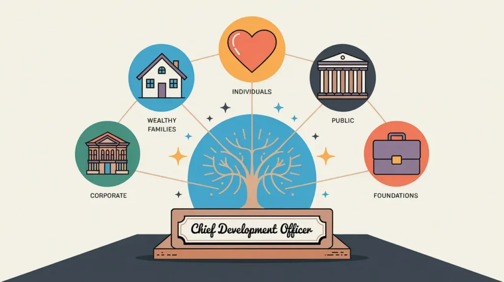 Illustration of chief development officer desk nameplate with fundraising icons and giving tree